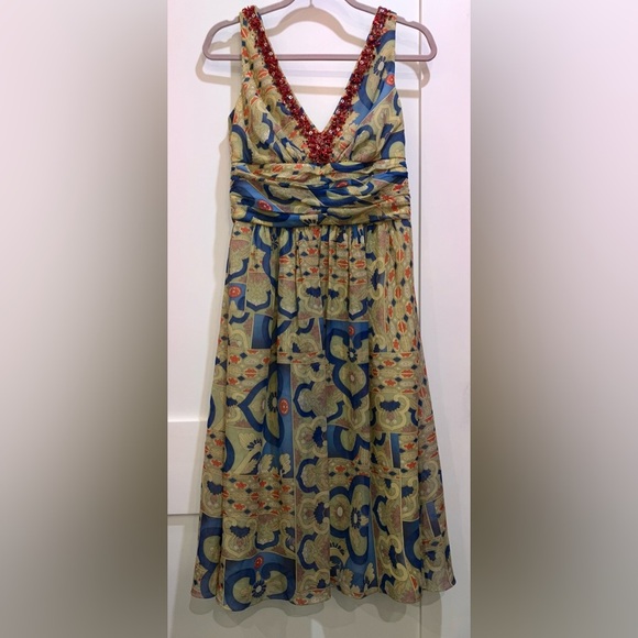 Kay Unger size 6 SILK Blue and Tan Ruched A-Line Midi dress - NWT but FLAWED - Picture 1 of 16
